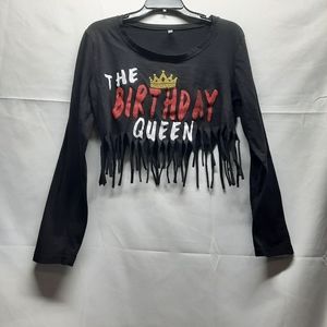 5/$30 NWOT Rosio Crop Black Long Sleeve Fringed The Birthday Queen Top Medium